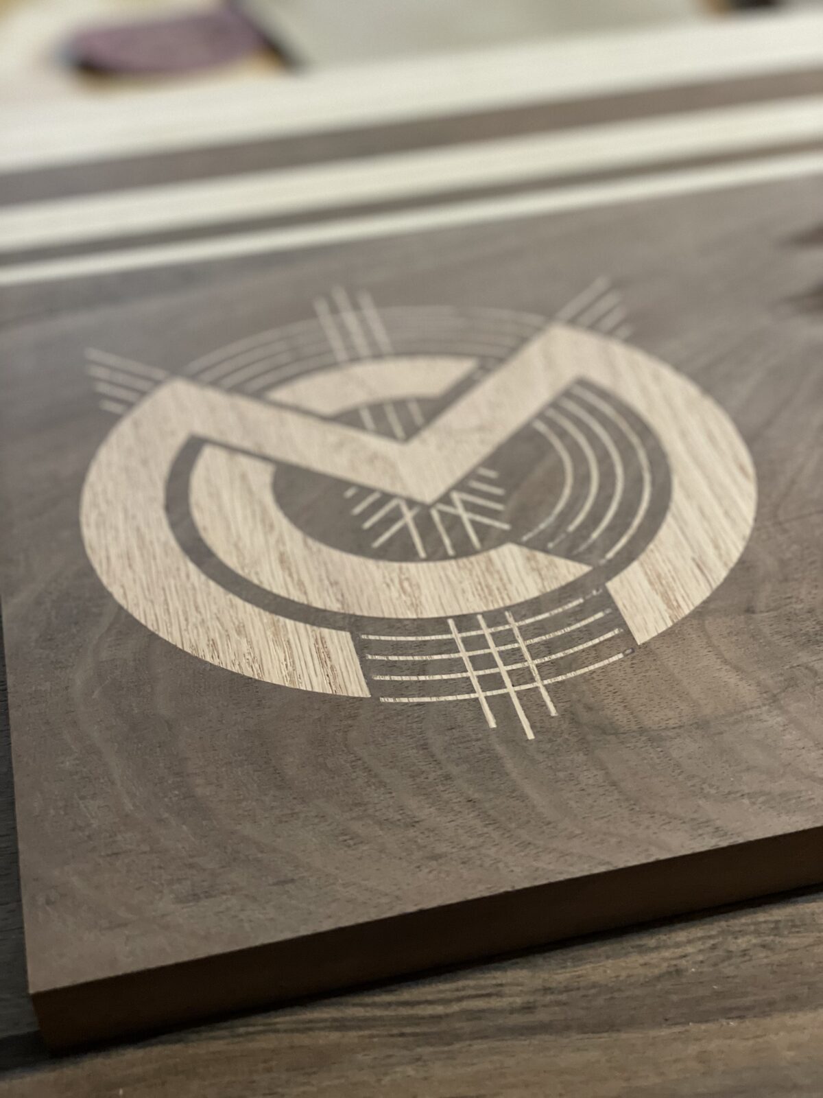 Close-up of walnut inlay craftsmanship